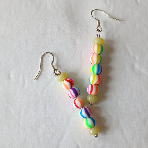 Handmade Rainbow Striped Earrings With Yellow Beads On Silver Plated Fishhooks - Picture 15 of 15